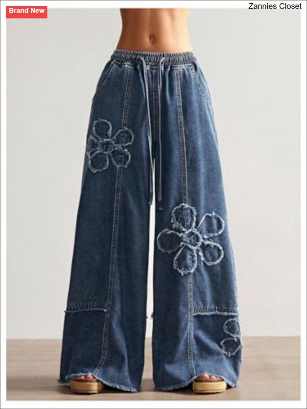 Womens Y2K Baggy Wide Leg Floral Drawstring Low Rise Denim Jeans Loose Fit - Picture 5 of 5